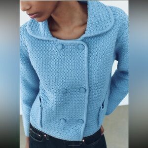 Zara chunky knit Peter Pan collar cardigan jacket 2025